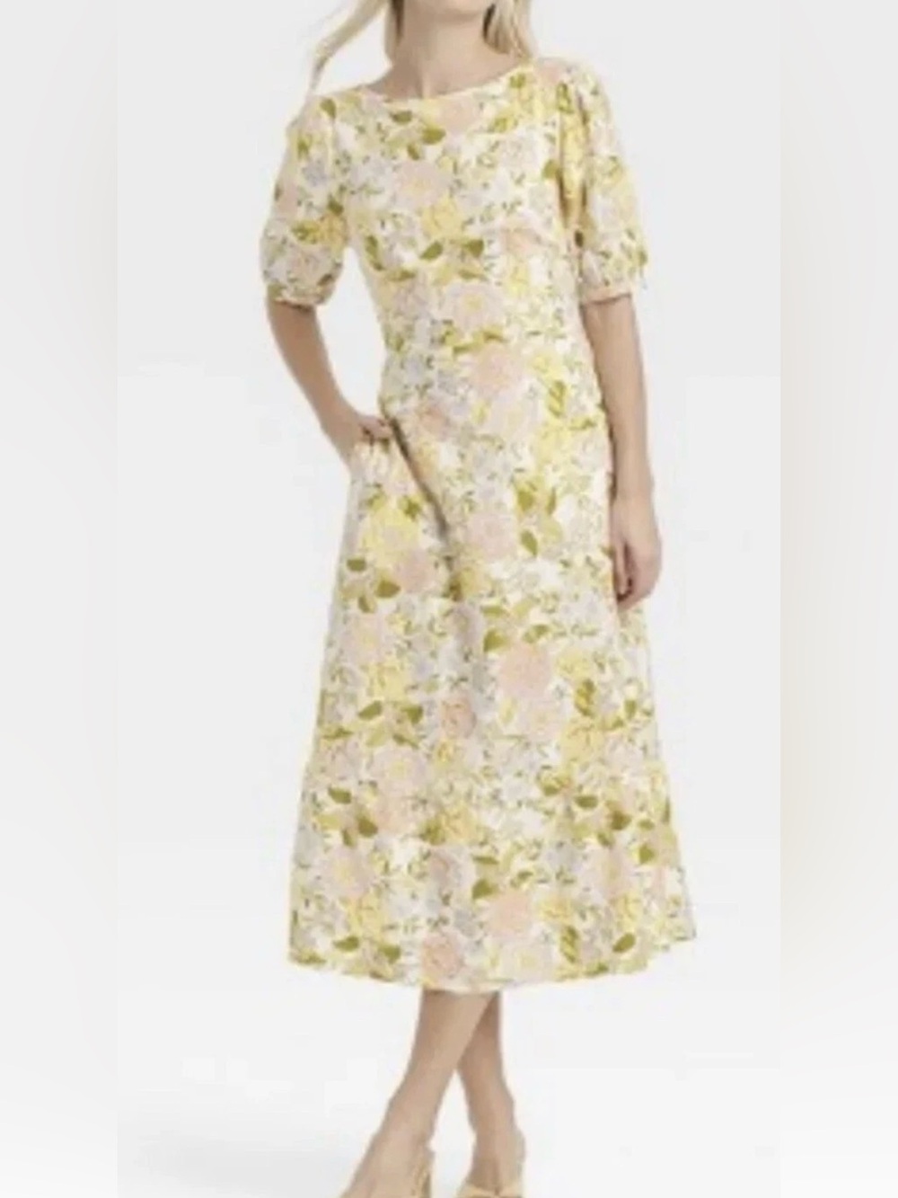Floral Midi Dress in Pastel Yellow and Pink